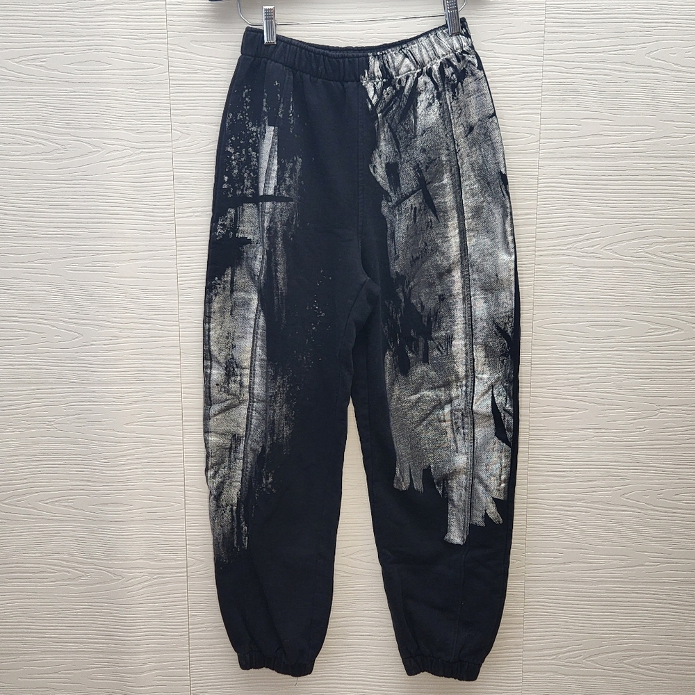 Zara Foil Metallic Paint Joggers Sweatpants Black Silver Size Small - Picture 3 of 9